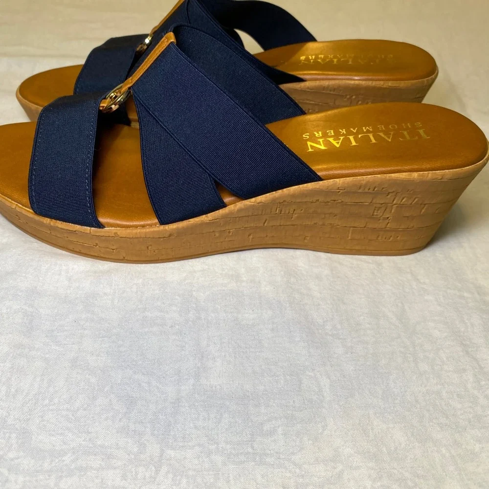Italian Shoemakers Navy Stretch Wedge Slide Sandals Women's Size 9M Italy